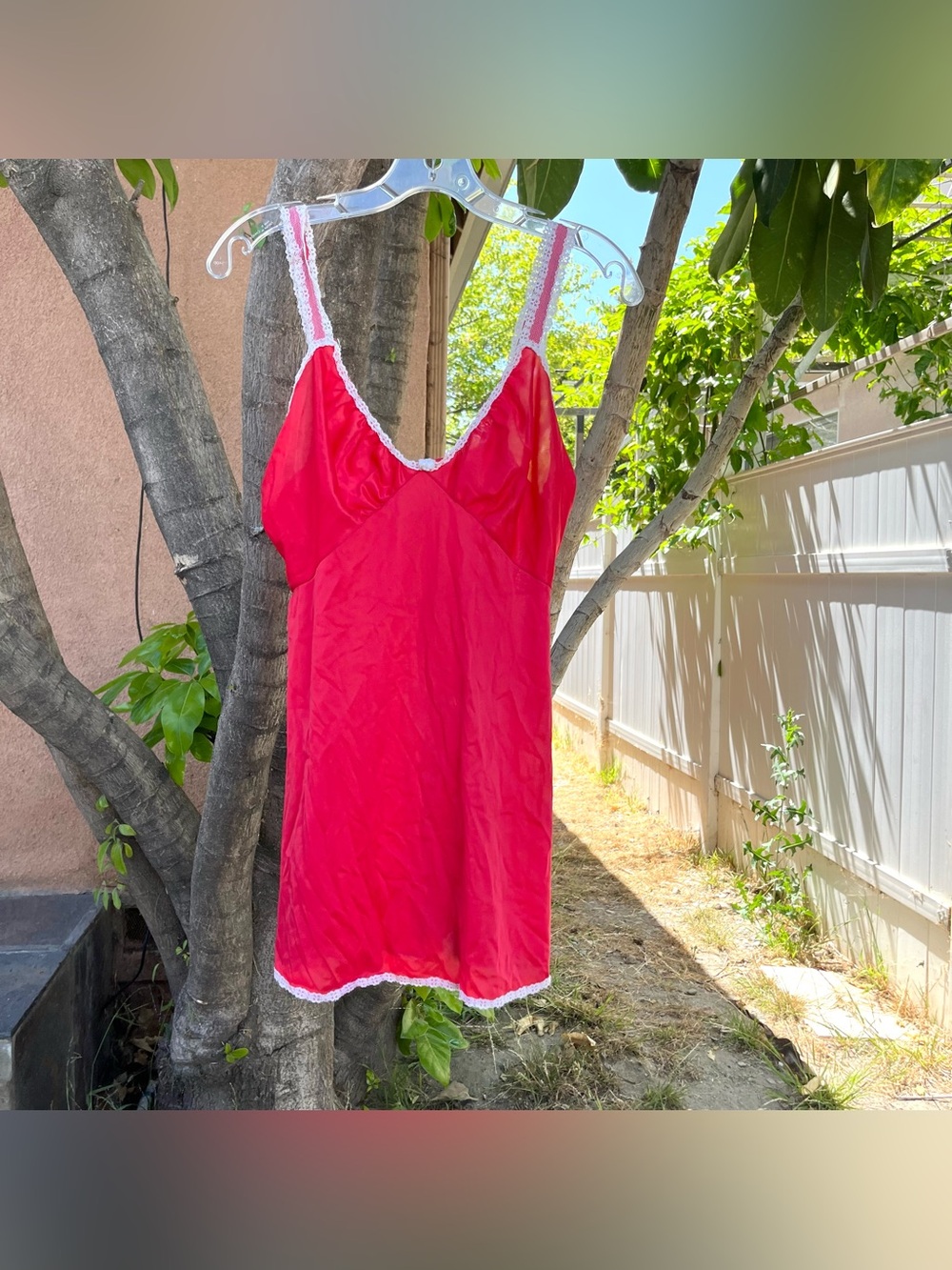 Vintage Cattani of California Red Nylon Slip Dress with Lace Detailing.